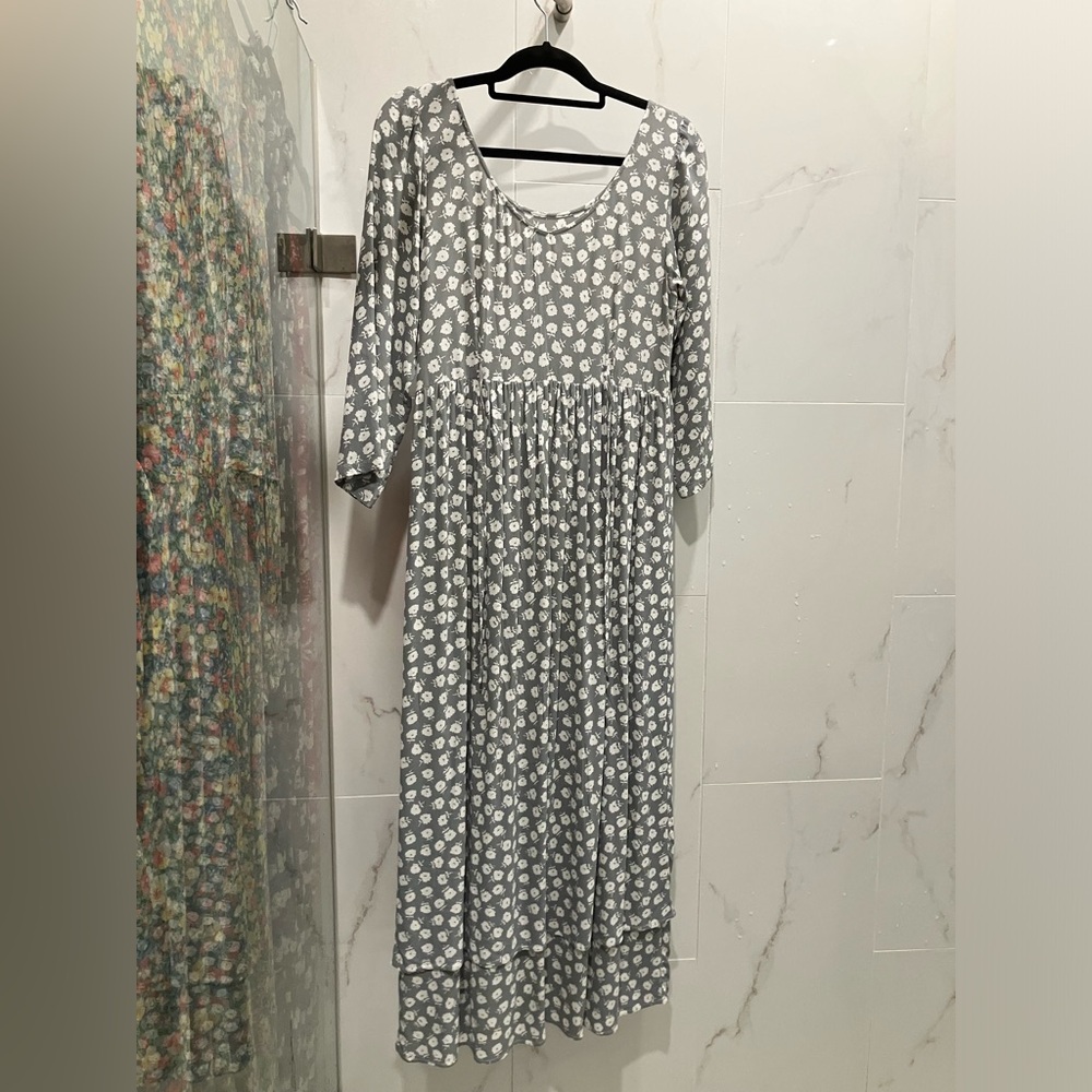 Christy Dawn Amelia Midi Dress 3/4 Sleeve Sage Ditsy Gray & White Size Small - Picture 10 of 14